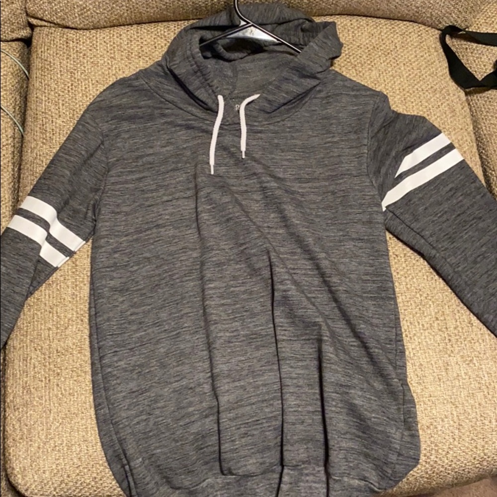 Grey Sweatshirt with white stripes on arms.
